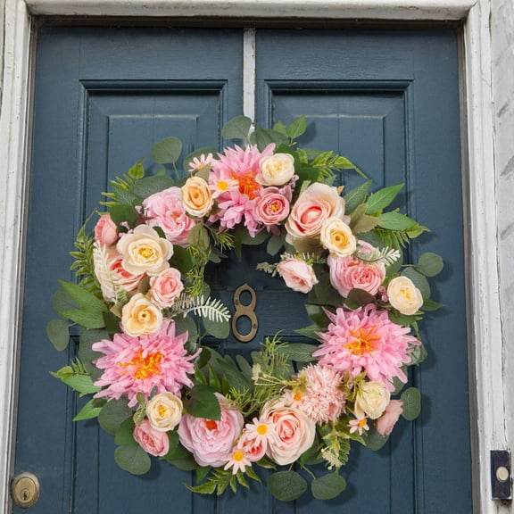 20 Inch Summer Roses Wreath for Front Door, Artificial Floral Wreath with Daisy, Peonies, and Hydrangeas, Spring Summer Door Hanging Decor for Home, Wedding, and Farmhouse Year Round