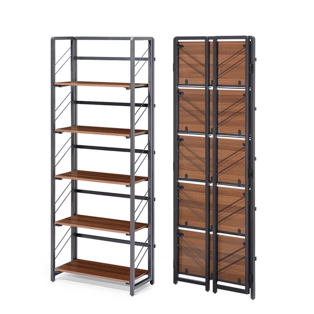 DSstyles 5-Tier Folding Office Bookshelf No Assembly Needed - Storage Rack Vintage Metal No Assembly Needed Space-Saving Brown