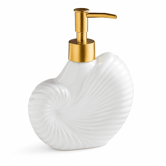 Cute Sea Soap Dispenser, Conch-Shaped Ceramic Soap Dispenser, White Soap Dispenser with Golden Pump Head
