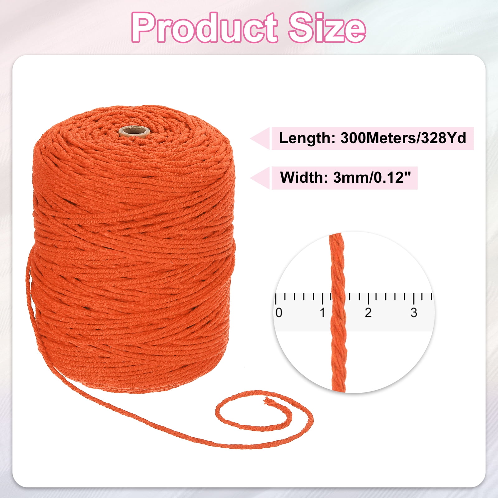Uxcell Natural Macrame Cord 3mm x 328 Yards 4 Strand Twisted Cotton Macrame Rope for DIY Knitting Plant Wall Hanger Dreamcatcher, Orange Yellow