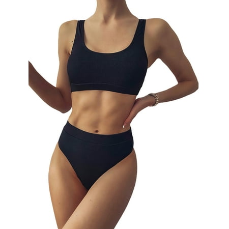 

JBEELATE Women 2PCS Bikini Suit Sling U-Neck Plain Ribbed Push-Up Bra High Waist Triangle Panty Ladies Summer Beach Swimwear