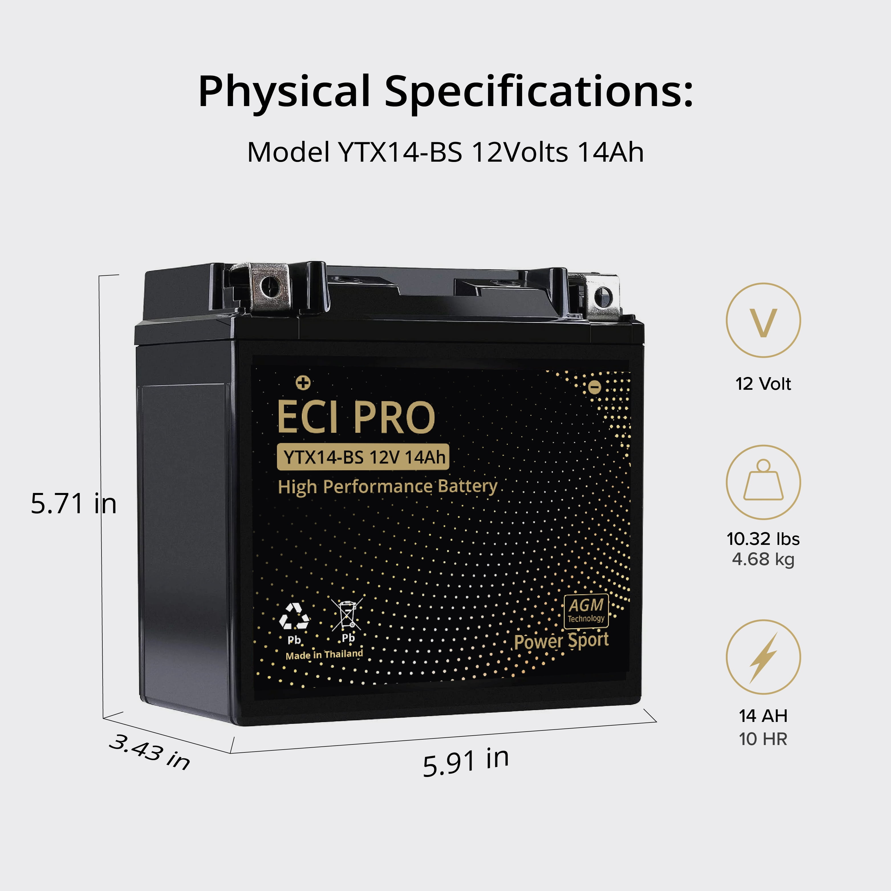 ECI Pro YTX14-BS 12V 14Ah 220 CCA Battery – Fits Honda, Yamaha, Harley, ATV, UTV