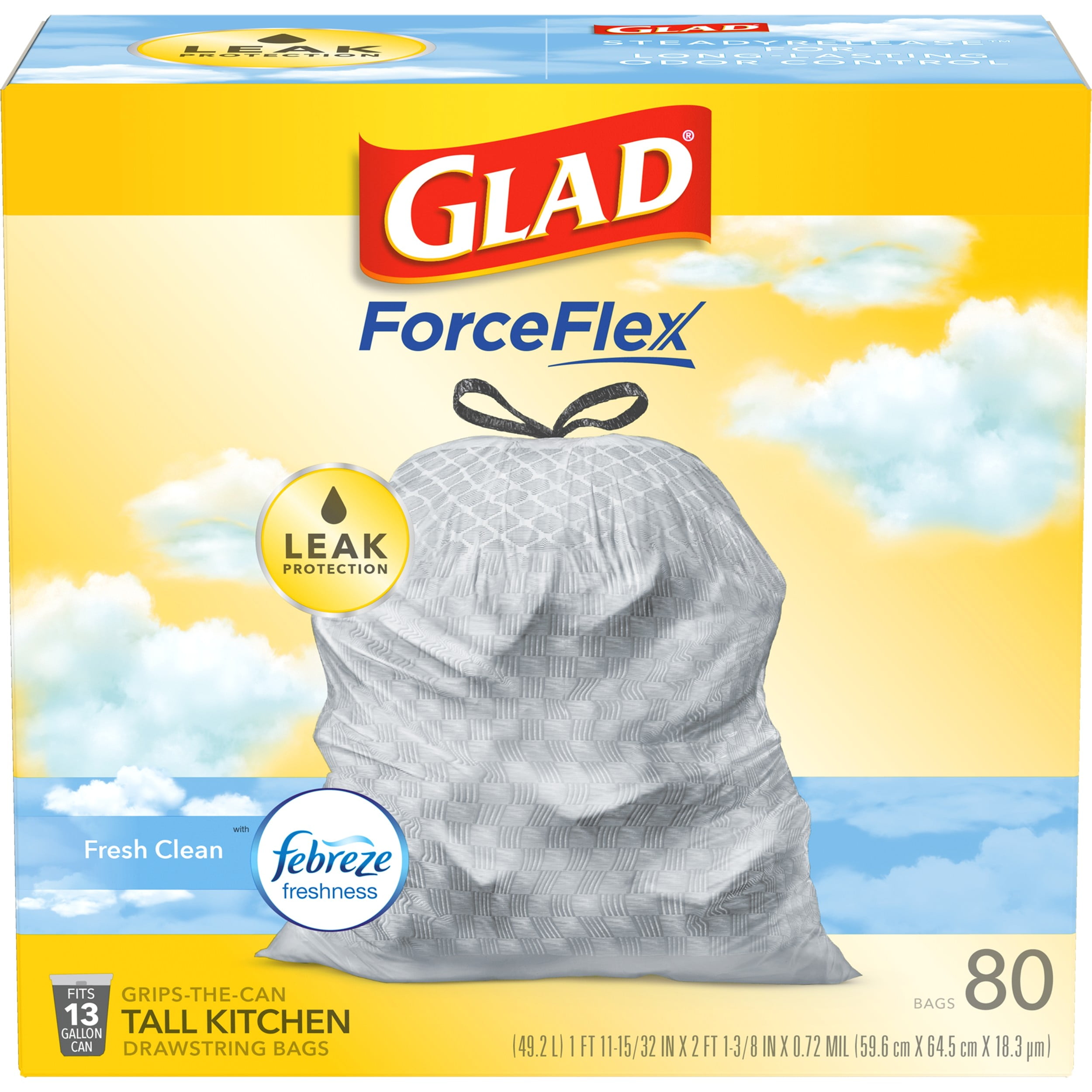 Glad ForceFlex 13-Gallon Tall Kitchen Trash Bags, Fresh Clean Scent with Febreze, 80 Bags