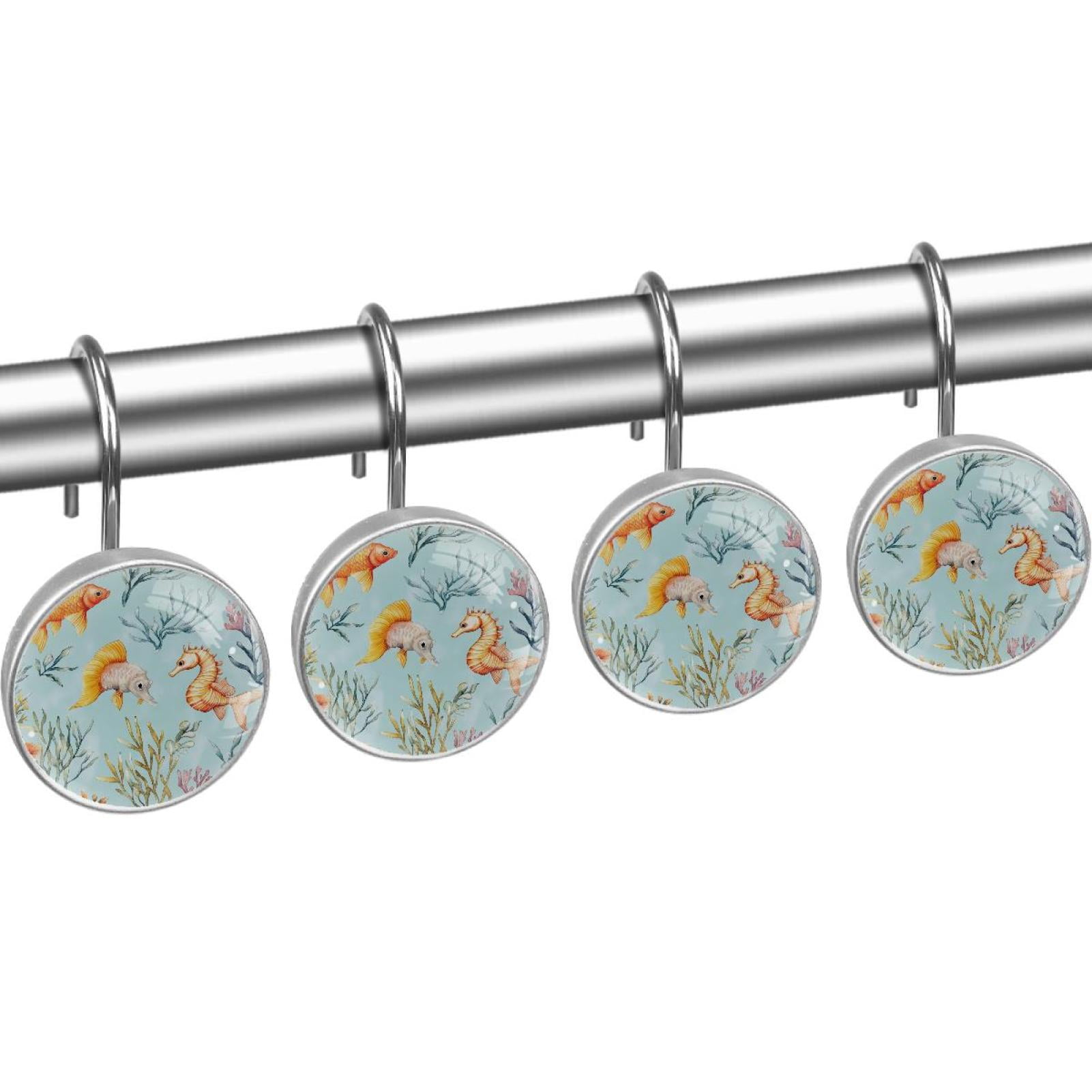 Serhorse Fish Corals Shower Curtain Hooks Round Crystal Glass, Set of 12 Shower Curtain Rings - Shower Hooks for Curtain Shower Rings