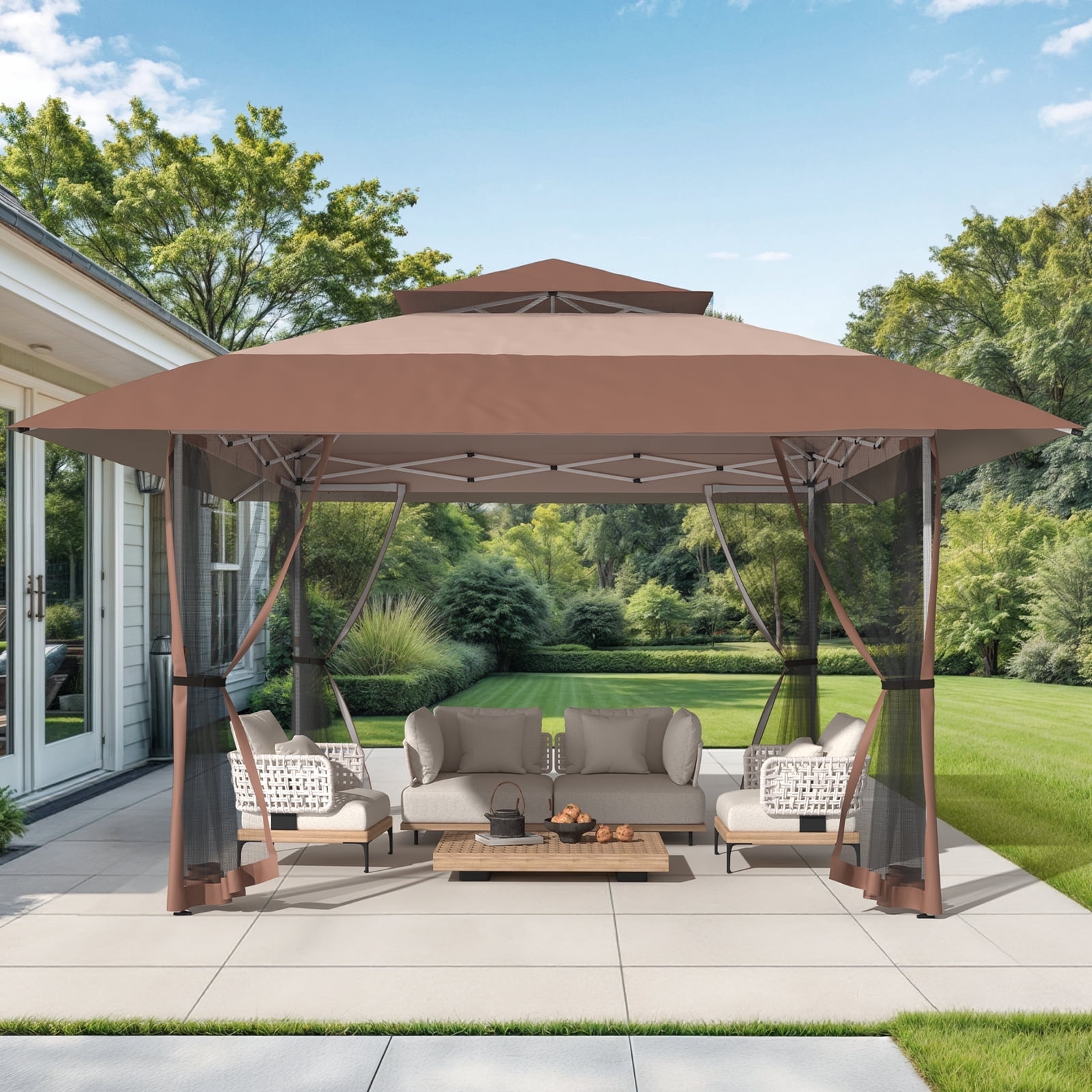 Vitarpatio 11x11 Pop Up Gazebo with Mosquito Netting, Steel Frame Pop-Up Canopy Tent Gazebos Portable Outdoor Gazebo with 2 Tier Roof, 3 Adjustable Height, Carry Bag and 4 Sandbags, Brown