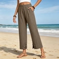 thumbnail image 6 of Linen Pants for Women Petite Wide Leg Baggy Elastic Waist Flowy Palazzo Casual Pants with Pockets Beach Travel Trousers Pull On Khaki L, 6 of 6