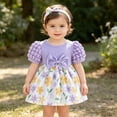 thumbnail image 2 of WhouRiu Baby Girls Summer Dress Puff Short Sleeve Crew Neck Floral Print Ribbed Dresses With Headband Kids Cute Everyday Sundress,18-24 Months, 2 of 9