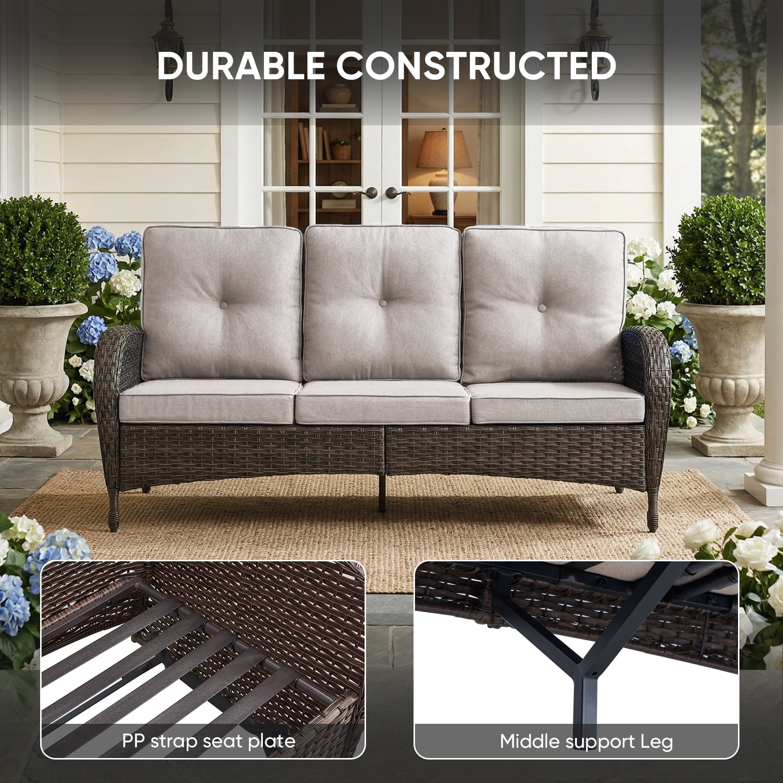 POCASSY 5PCS Outdoor Patio Furniture Set, Patio Furniture Set with Fire Pit Table Wicker Patio Couch Outdoor Swivel Chair and 43" Propane Firepit Table Rectangular, Brown Wicker & Beige Cushion