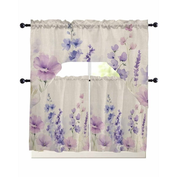 Floral Lavender Kitchen Curtains Sets 36 Inch Length with Valance, Spring Wildflower Print Idyllic Spring Swag Valances and Tiers Curtain Set Drapes Swag Curtains for Living Room, Bathroom, Bedroom