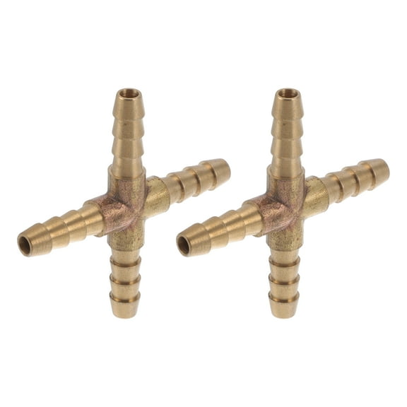 Brass Hose Barb Fittings 1/4" Cross 4 Way Pipe Connector for Air Water Oil Gas Fuel 2Pcs Gold Tone