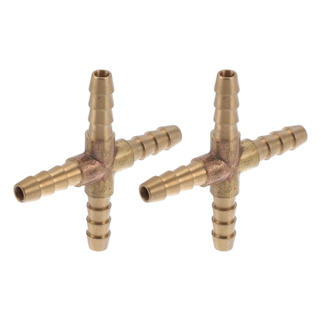 Accesorios de manguera de latón en forma de espina 1/4" Conector de tubería cruzado de 4 vías para aire, agua, aceite, gas, combustible 2 piezas tono dorado