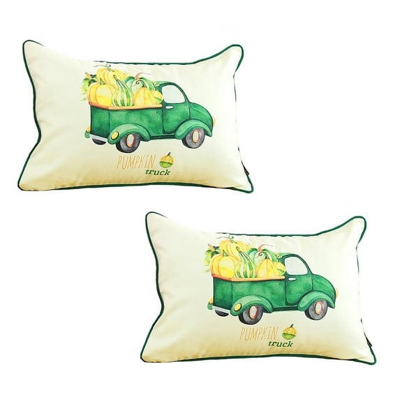 Decorative Fall Thanksgiving Throw Pillow Cover Set of 2 Pumpkin Truck 12 in. x 20 in. White & Green Lumbar for Couch, Bedding