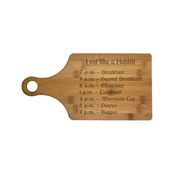 PrecisionNC Nerdy Gifts Hobbit Meal Times Engraved Paddle Shaped Natural Wood Cutting Board Bamboo
