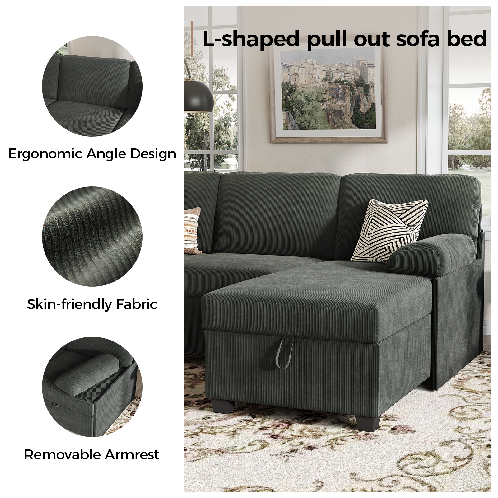 COPIAE 80 inch Convertible Sectional Sofa, L-Shaped Sofa Sleeper with Reversible Chaise,Couch Bed with Storage,Removable Armrest,Modern Pull Out Bed for Living Room Bedroom,Corduroy Gray