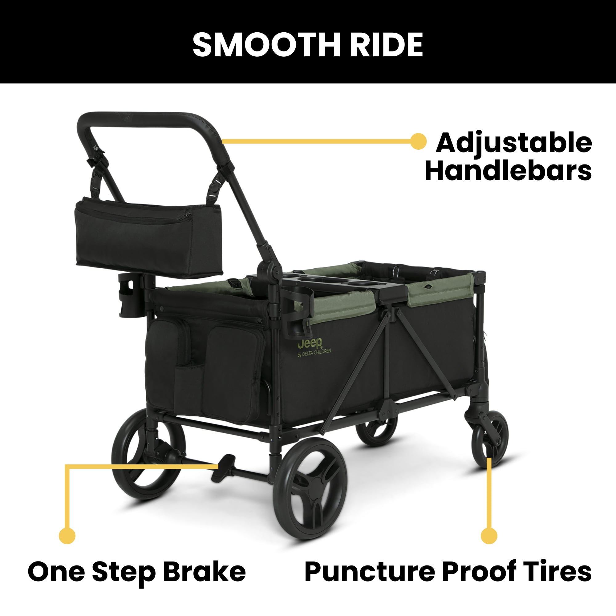 Jeep - Brandclub - Jeep Sport All-Terrain Stroller Wagon by Delta Children  - Includes Canopy, Parent Organizer, Adjustable Handlebar, Snack Tray & Cup  Holders, Black/Olive Green