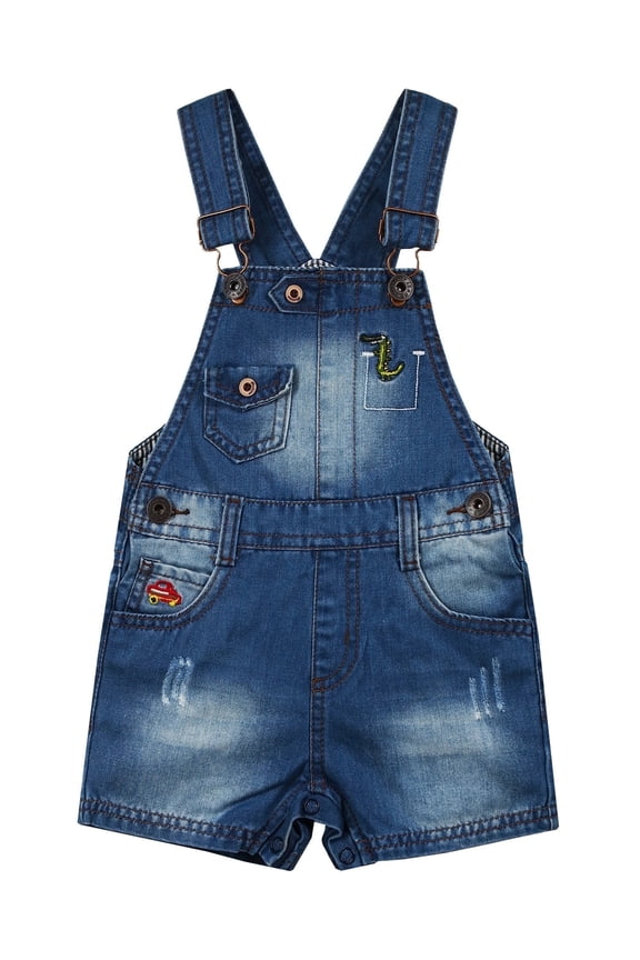 Baby & Little Boys Dinosaur Car Embroidered Ripped Fashion Denim Shortalls,Blue,3-4 Years