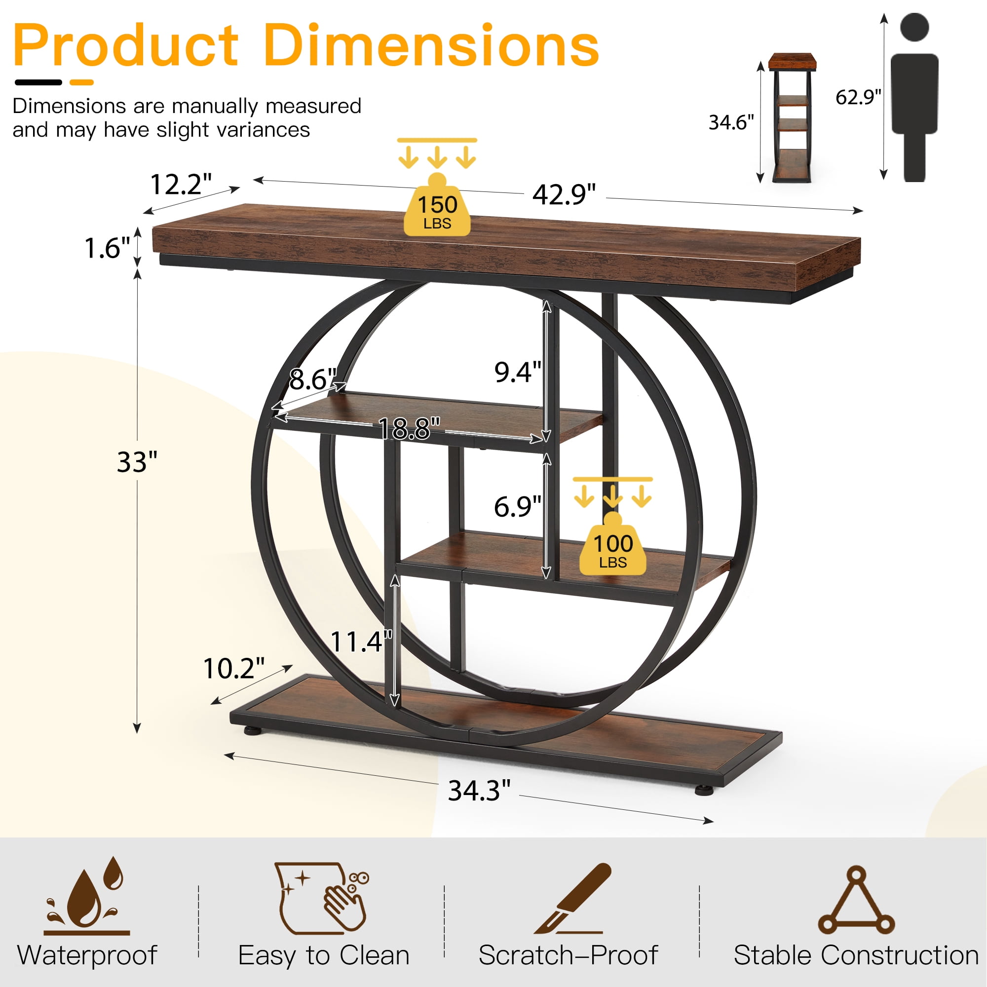 Erinnyees 4 Tier Console Table, 41.3" Entryway Table, Rustic Style Sofa Table, with Storage Shelves, Adjustable Foot Pad, for Hallway, Rustic Brown