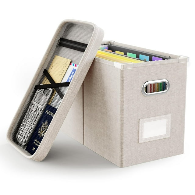 Caja organizadora de archivos Oterri con tapa para carpetas de cartas, color beige