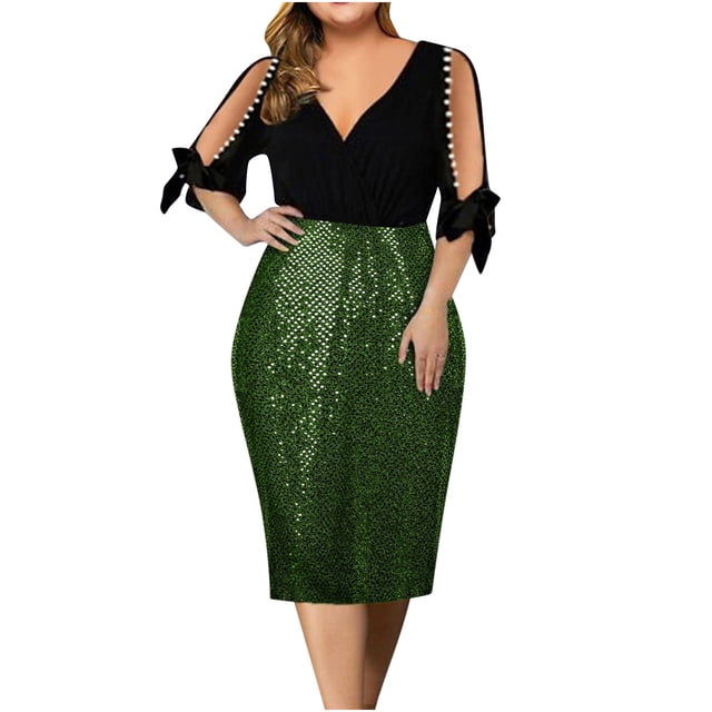 Vestidos Para Mujer Vestidos Casuales Sólido Empalme Cuello en V Manga 3/4 Vendaje Lentejuelas Vestido Acampanado Odeerbi ODB148795