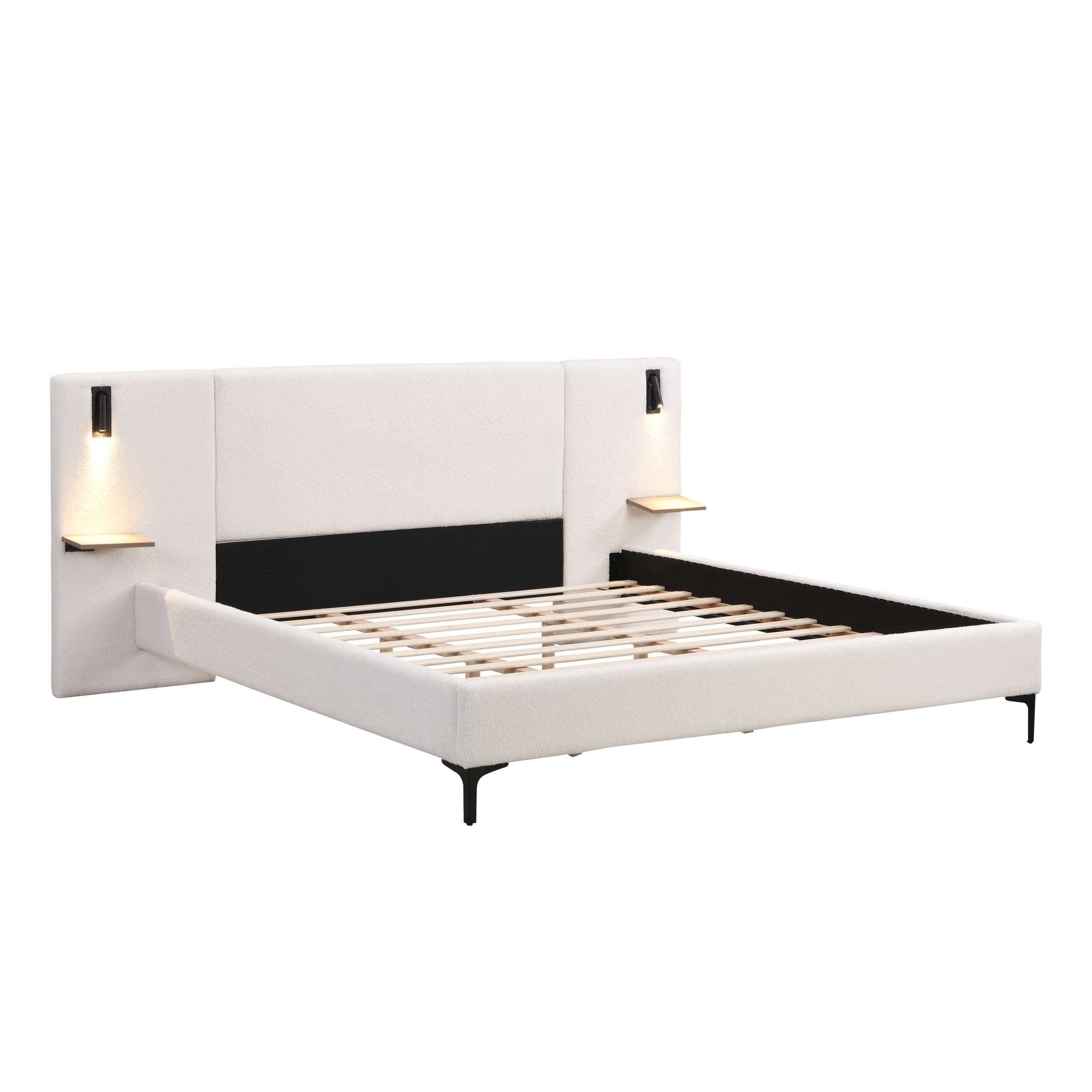 Christopher Knight Home Boucle Upholstered King Platform Bed with Reading Lights and Headboard Shelves, White