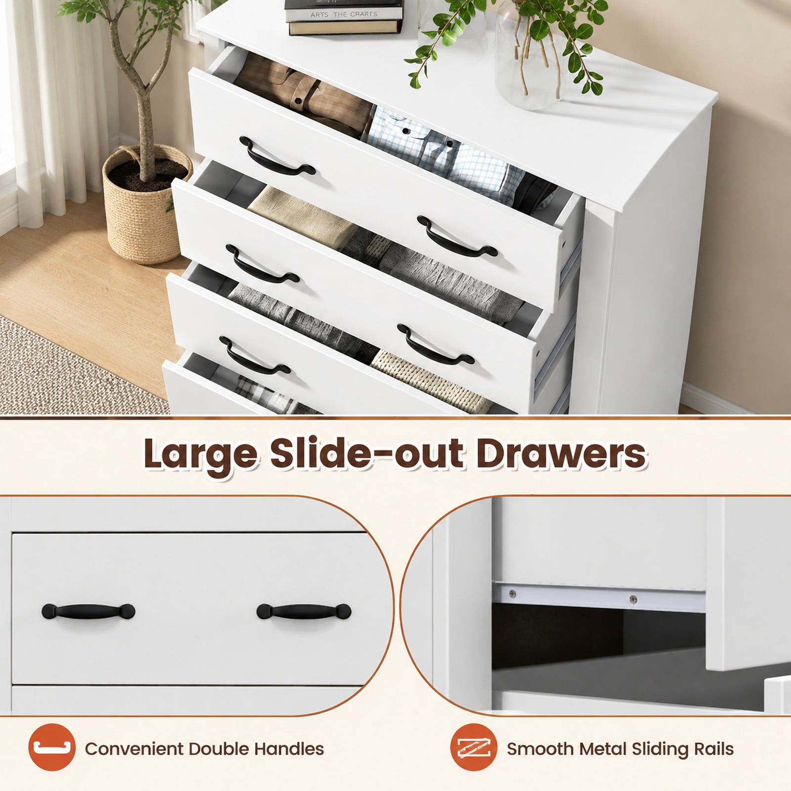 Furnibear Tall Storage Dresser with 5 Pull-out Drawers for Bedroom Living Room for Bedroom Closet Living Room Nursery Clothes Storage, White