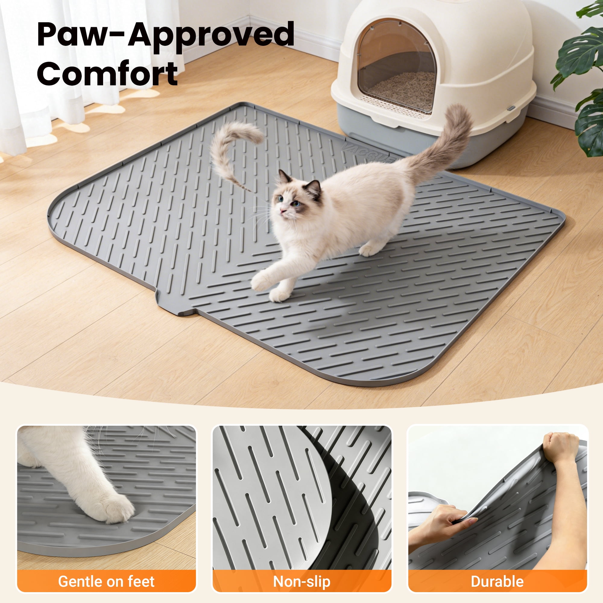 Vacqueen Silicone Waterproof/Urineproof & Non-Slip Rubber Cat Litter Mat with Lip, Large: 47.2 x 37.4 in
