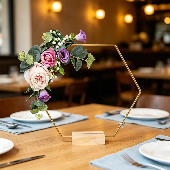 DIY Wreath Metal Ring With Wooden Base - Floral Arrangement for Wedding Centerpieces Table Decor and Party Ornament