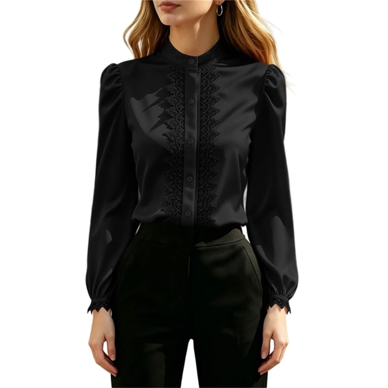 NTACZA Dressy Womens Summer Tops Shirts Solid Lace Satin Mock
