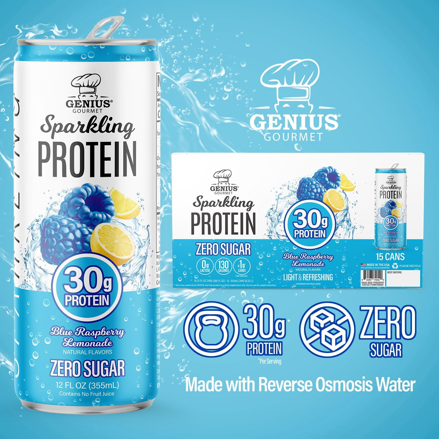 Genius Gourmet Sparkling 30g Protein, Blue Raspberry Lemonade, 12 Fl Oz (15 Ct)