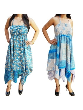 Mogul Lot Of 2 Womens Recycled Vintage Sari Dress Handkerchief Hem Bohemian Fashion Halter Summer Style Sundress XS