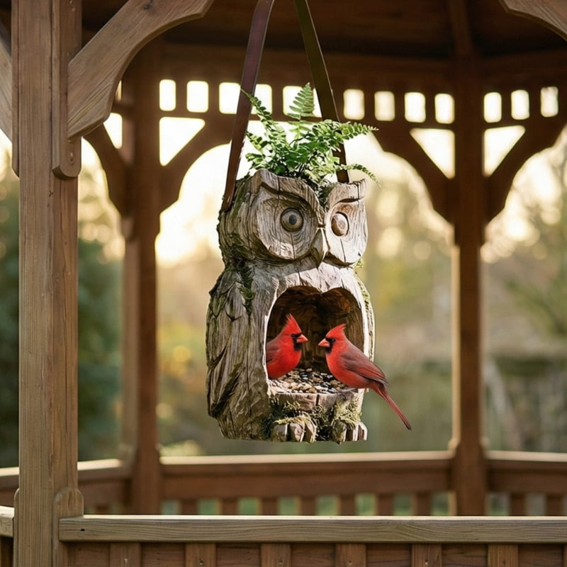 Zecic Outdoor Bird Feeder Large Capacity Resin Hummingbird Feeder Owl Shape Feeding