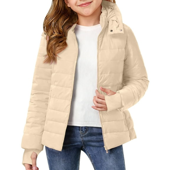 IVEYRTF Childrens Hooded Winter Coat Warm Thick Padded Jacket Boys Girls Lightweight Windproof Outdoor Sportswear for Daily Wear School Activities Holiday Party Vacation(Beige,7-8 Years)