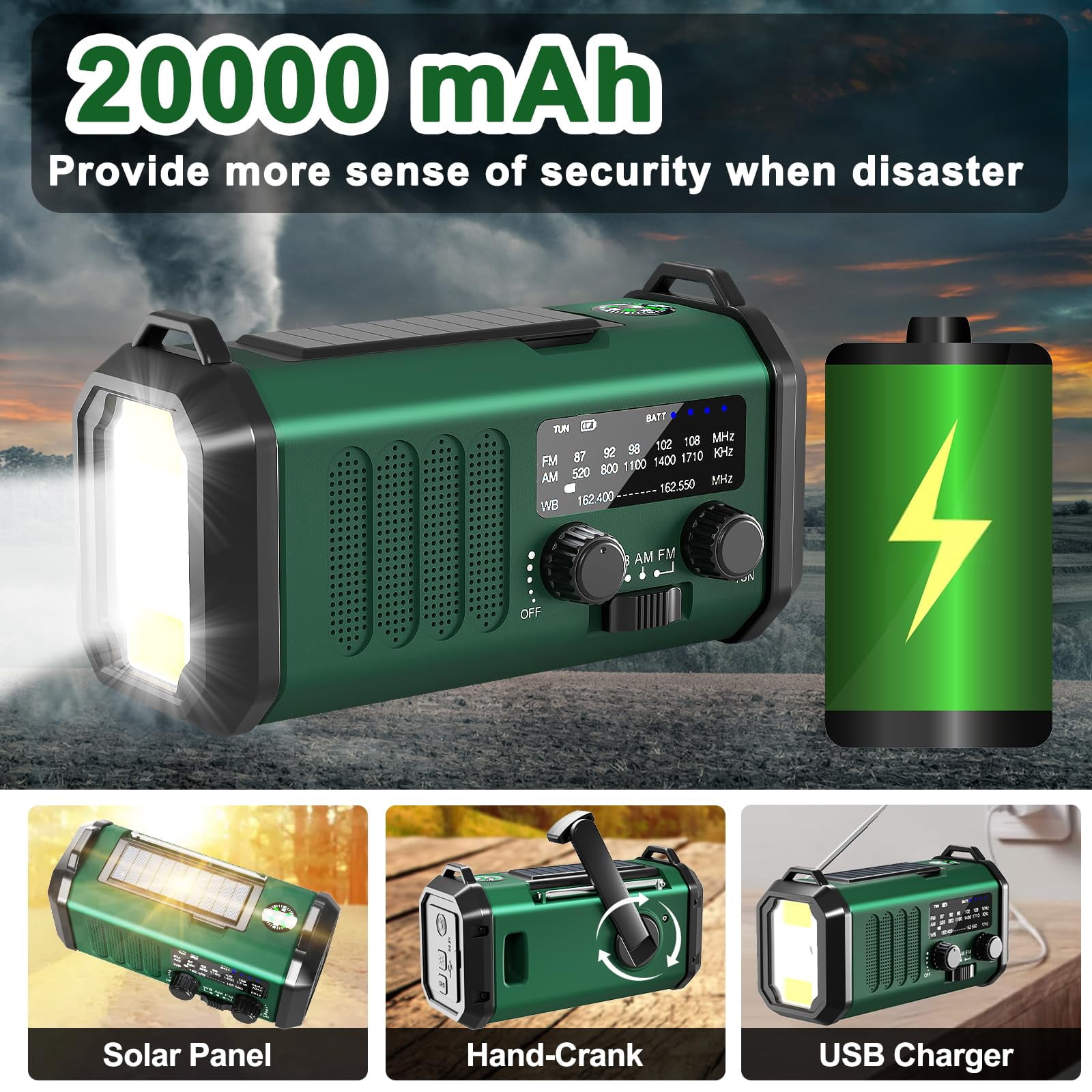 Emergency Radio-noaa Weather Radio 20000mah/74000mwh With Am/fm Portable Solar Panel/hand Crank/ac Input Rechargeable And Flashlight Sos Siren Lamp For Camping Indoor/outdoor Emergencies