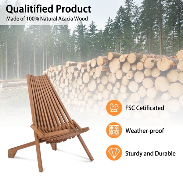 Wood Folding Chair for Outdoor, Low Profile Acacia Wood Lounge Chair for Balcony Porch Backyard Patio Lawn Garden