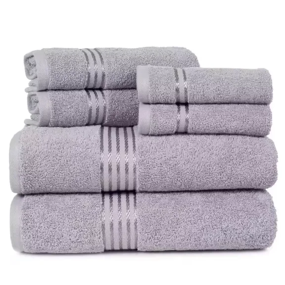 Huba Homes 6-Piece Silver Solid 100% Cotton Bath Towel Set with Satin Stripes