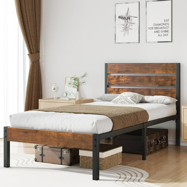 VECELO Twin Size Metal Platform Bed with Wooden Headboard, Strong Metal Slats/No Spring Box Needed, Brown