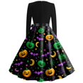 thumbnail image 4 of Womens Halloween Hepburn Dresses Spider Webeb Bat Round Neck Funny Hepburn Dresses Pumpkin Moon Long Sleeve Spooky Hepburn Dress, S, 4 of 4