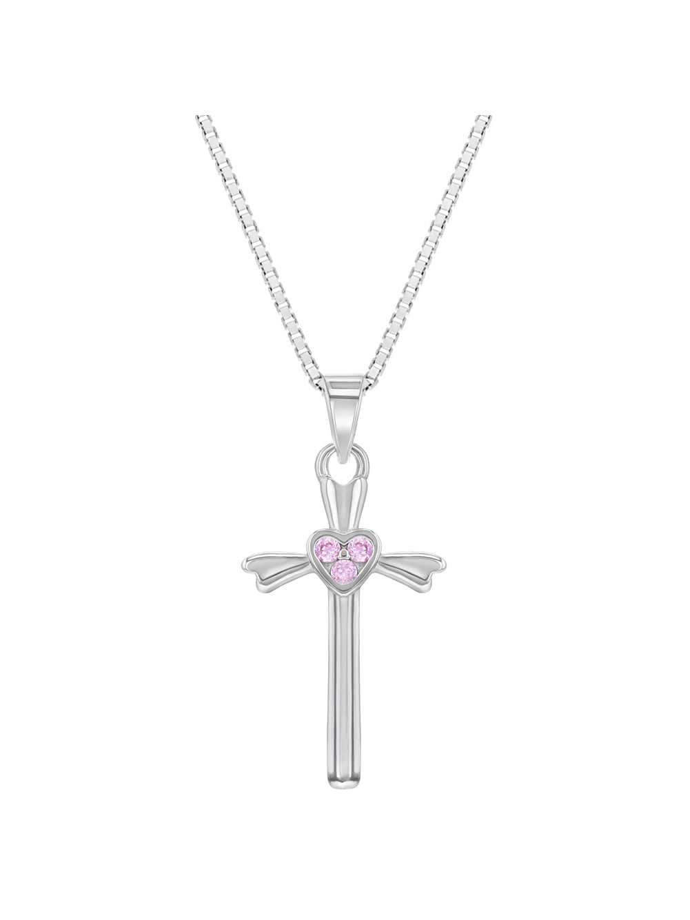 925 Sterling Silver Pink CZ Cross Necklace & Earrings Children's Jewelry Set 16" 