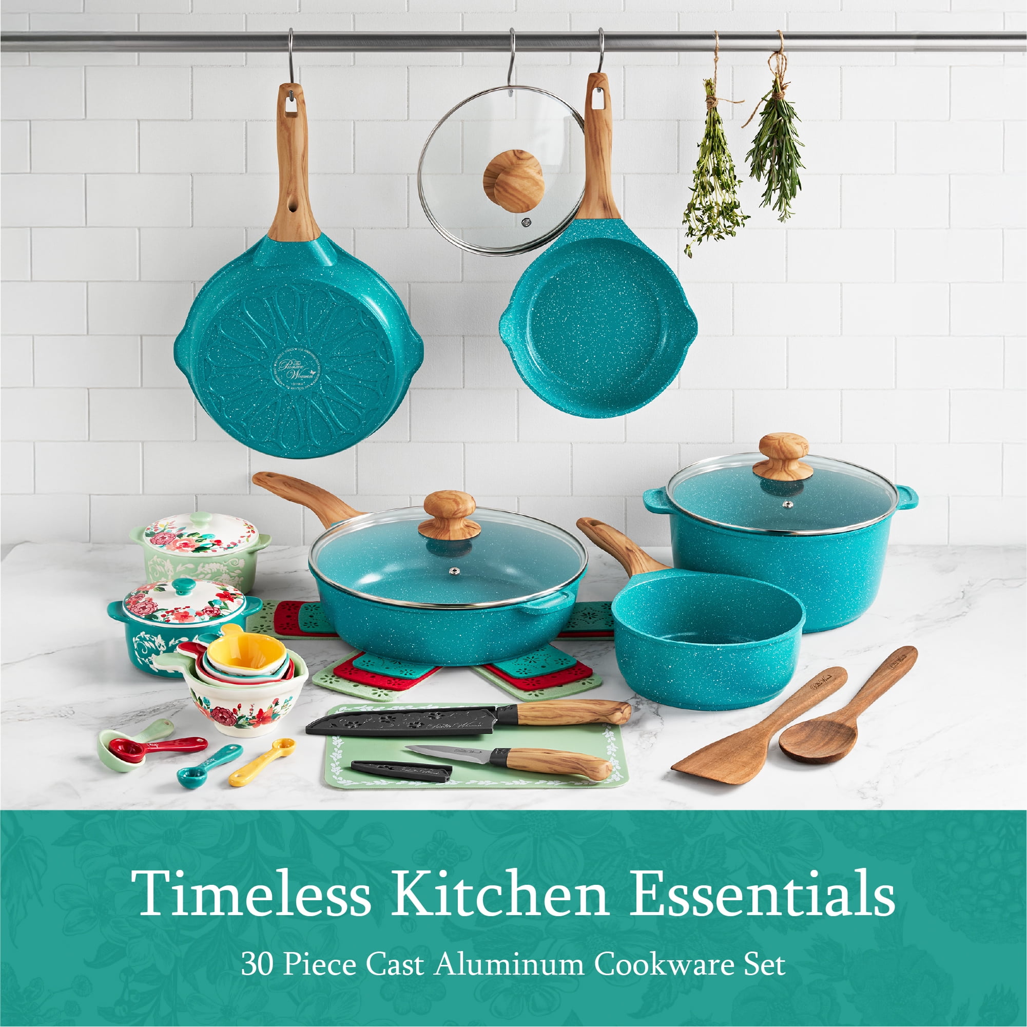 The Pioneer Woman Prairie Signature 30Piece Cast Aluminum Cookware Set, Teal  (图2) The Pioneer Woman Prairie Signature 30Piece Cast Aluminum Cookware Set, Teal  (图2)