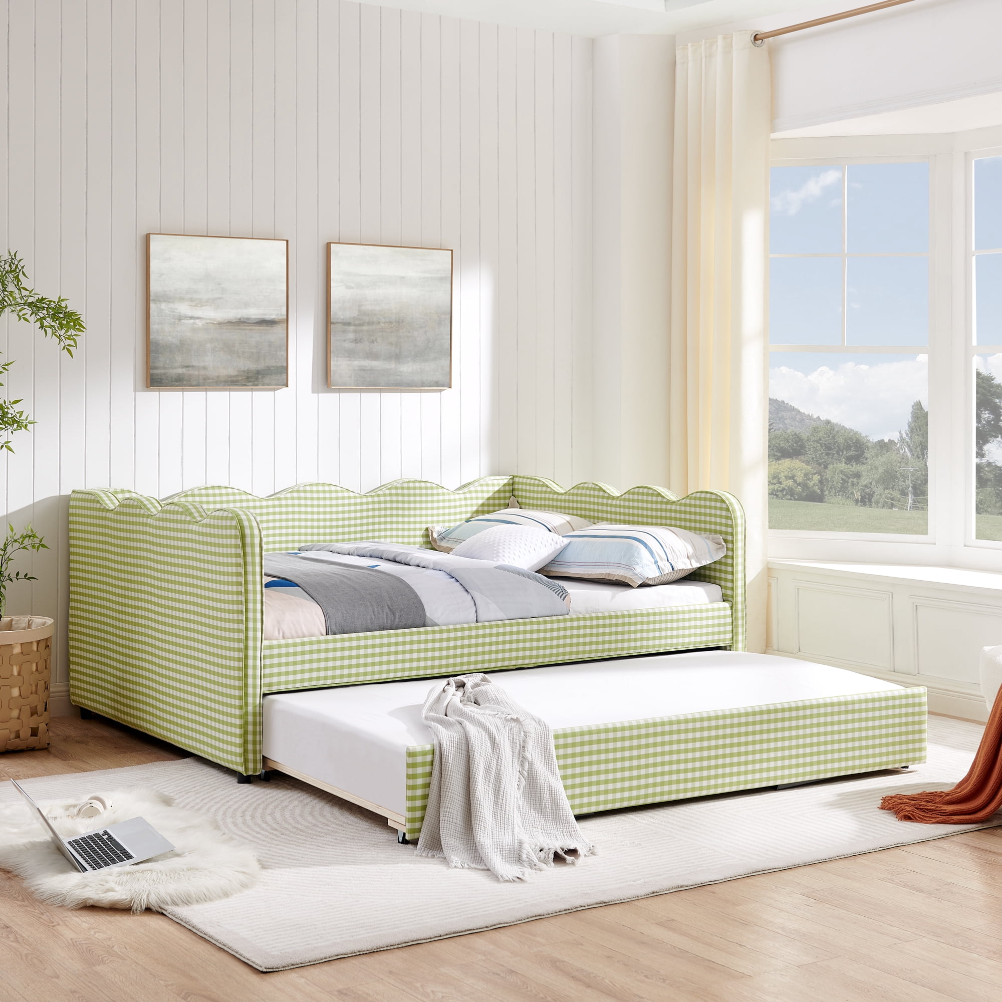 Full Size Daybed with Trundle and USB Port Upholstered Sofa Bed Gingham Linen Kids Guest Bed Frame, No Box Spring Needed, Green