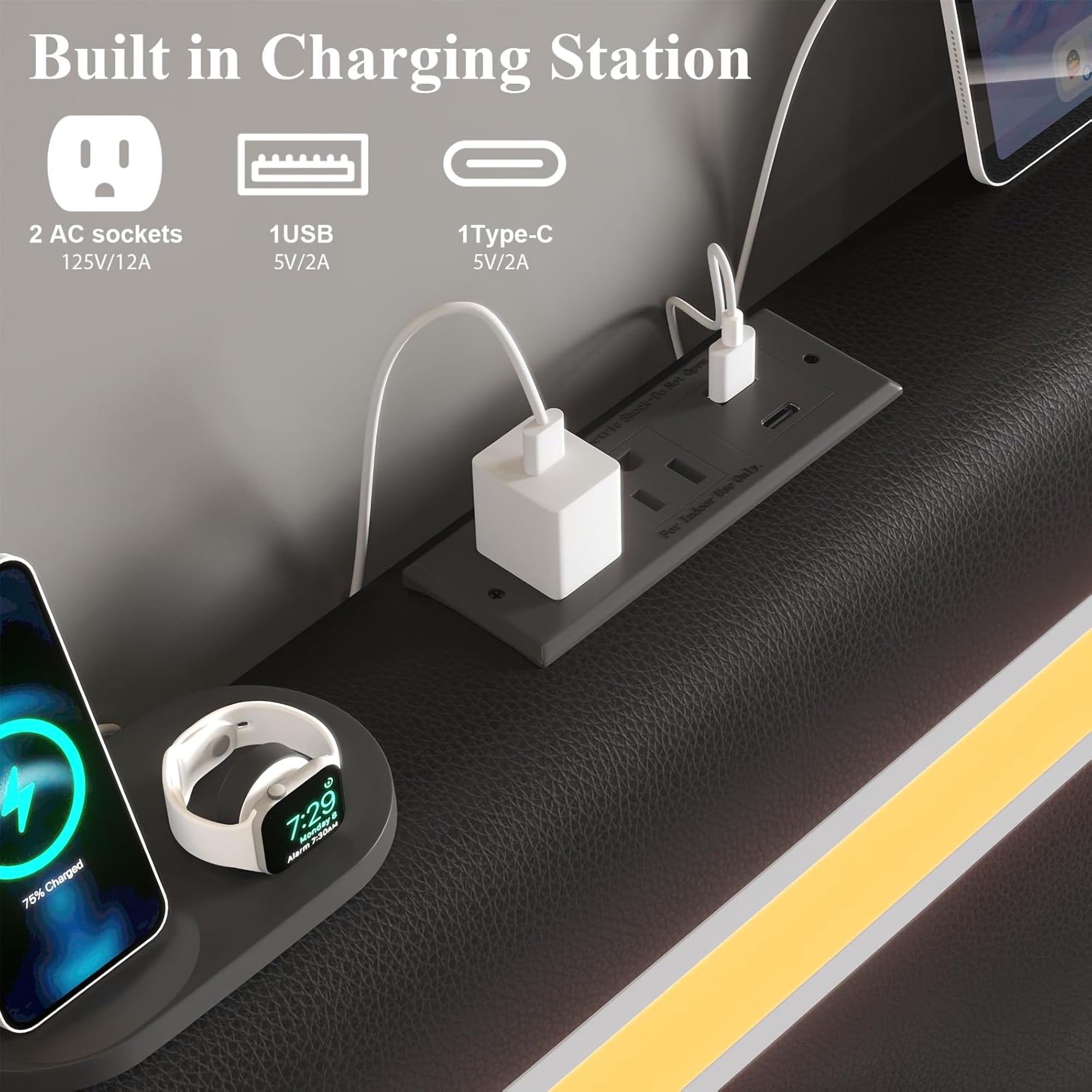 LED Bed Frame with Charging Station,Storage Pockets, Upholstered Platform Bed with Diamond Headboard, Faux Leather, Wooden Slats Support, No Box Spring Needed, Noise Free, Easy Assembly, Full