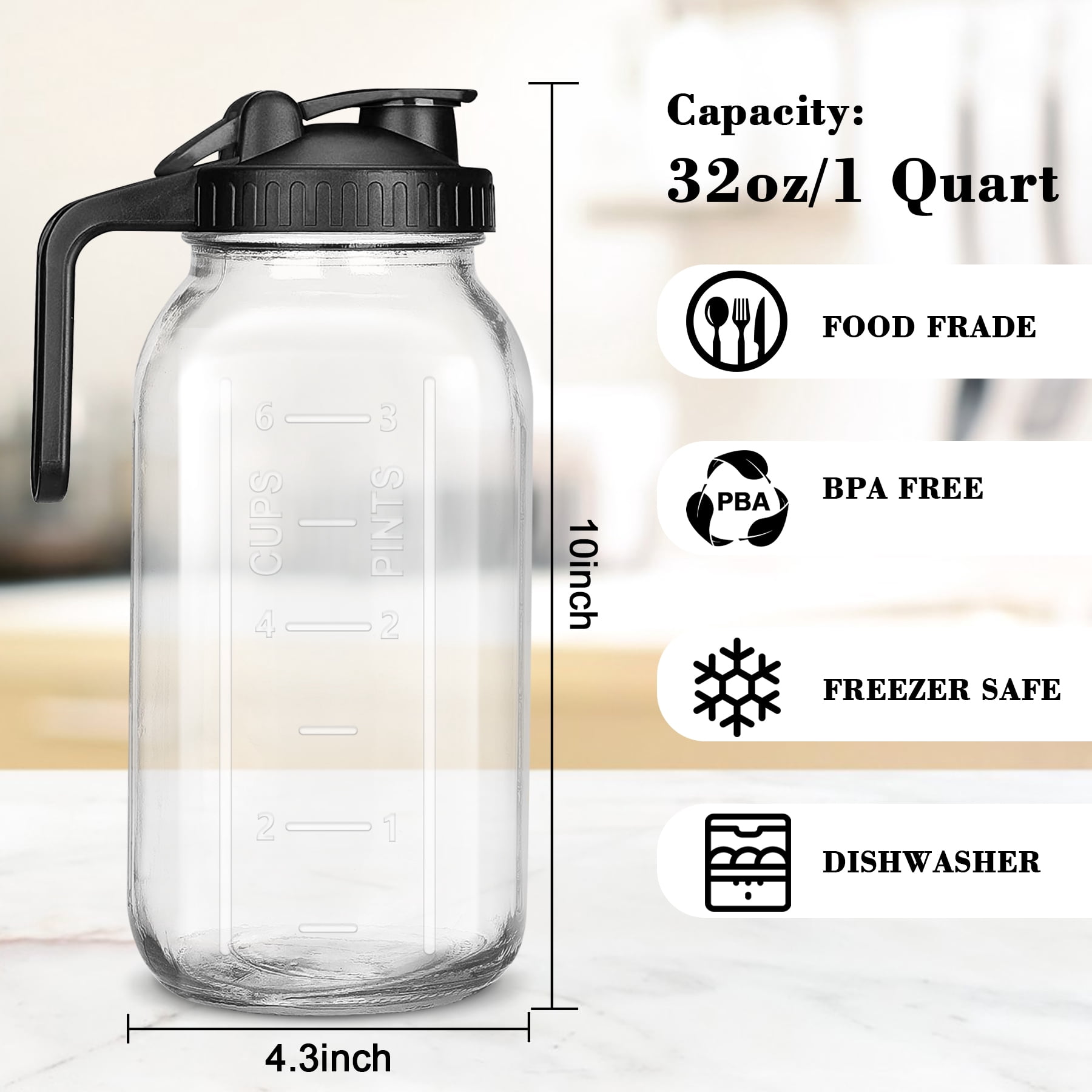 2 Pack 32 OZ Glass Pitcher with lid, 2 Quart Marson Jars with Spout and Handle, Double Leak Proof Jug Sun Tea Pitcher Wide Mouth Creamer Container for Fridge,Beverage, Breast Milk, Ice, Coffee(Black)