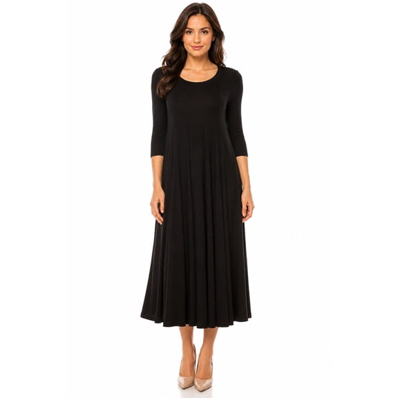 Women's A-Line Long Dress with 3/4 Sleeves and Relaxed Round Neckline