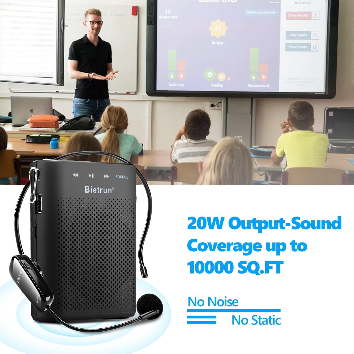 Bietrun 20W Voice Amplifier Wireless Microphone, Rechargeable Bluetooth Voice Amplifier for Teachers, 6H Working Time, Portable Megaphone Speaker Headset System for Teaching, Coach, Instructor