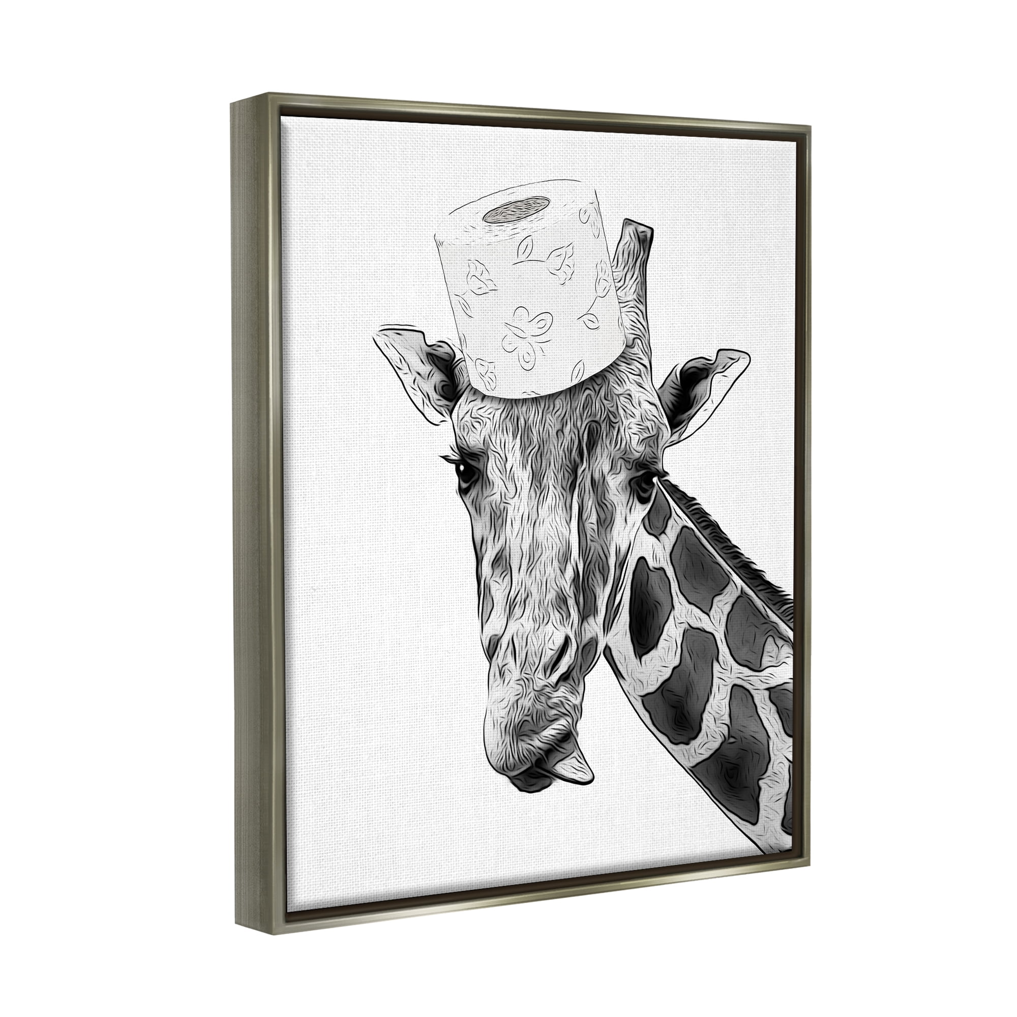 Stupell Industries Giraffe & Toilet Paper Bathroom Animals & Insects Painting Gray Floater Framed Art Print Wall Art