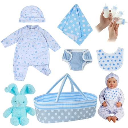 RSG Baby Clothes & Bassinet Set for 17-22 inch Reborn Soft Cloth Body - Blue 8pc Outfit Accessories