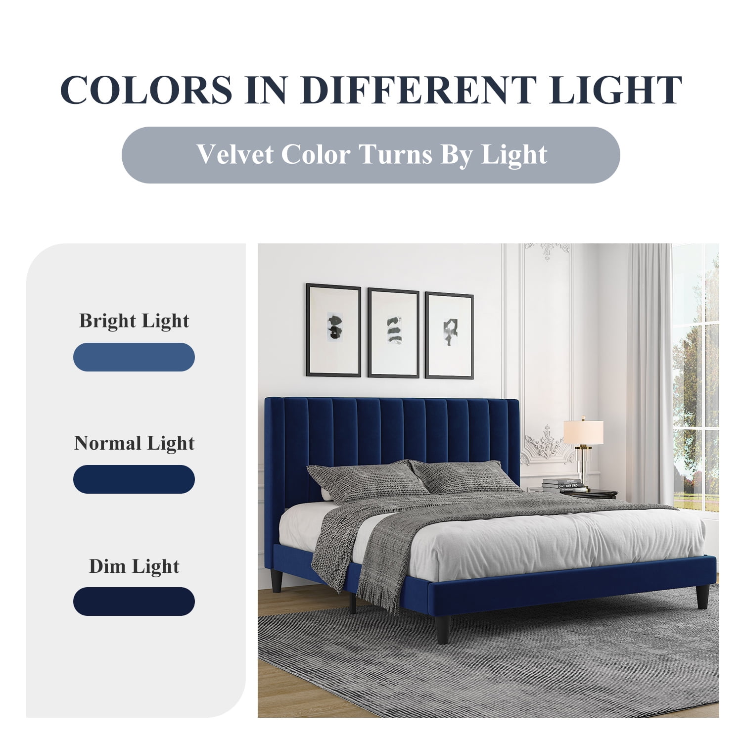 Allewie Queen Velvet Upholstered Bed Frame with Vertical Channel Tufted Headboard, Navy Blue