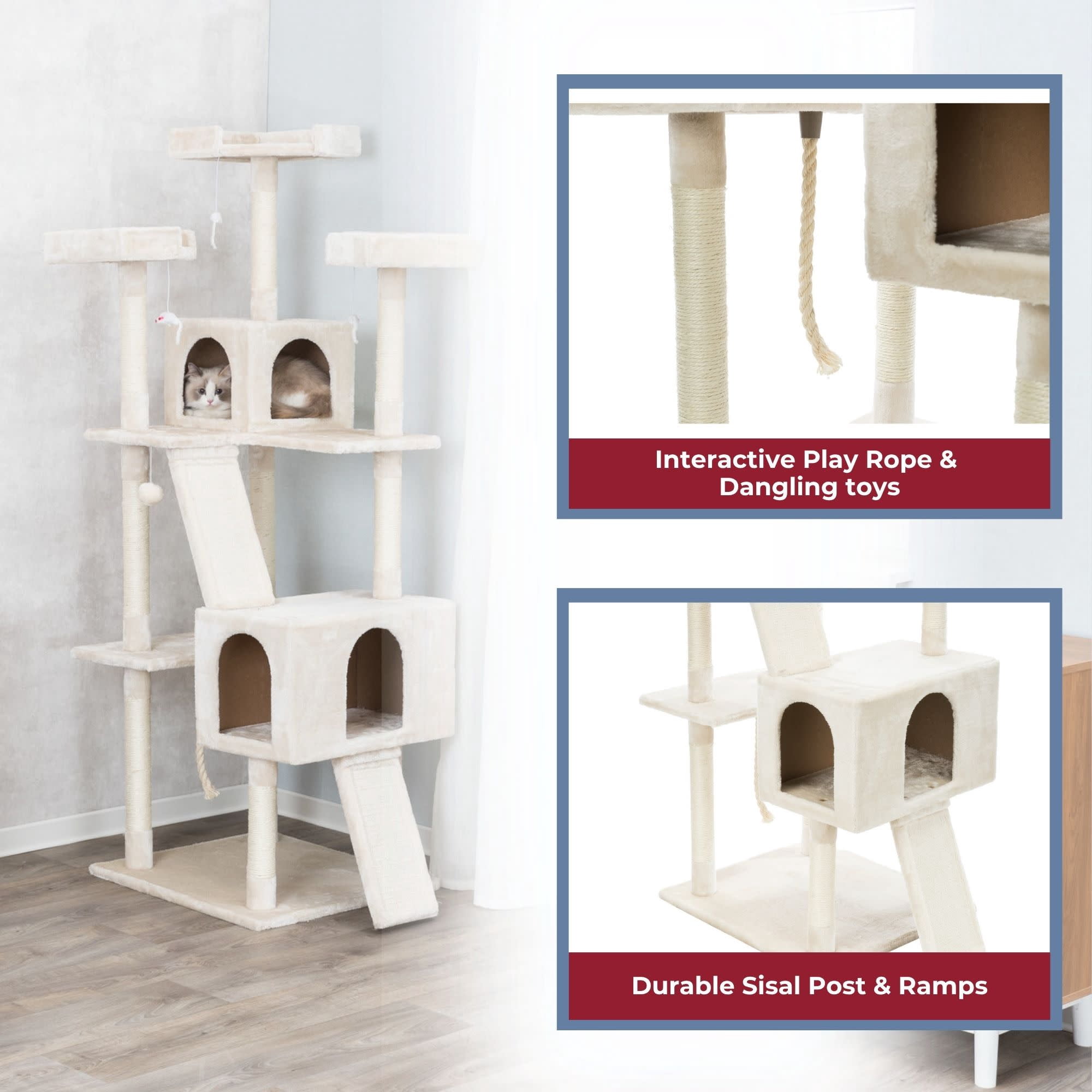TRIXIE Celeste Plush 4-Level 69" Cat Tree  Sisal Scratching Posts Condo & Cat Toy Cream