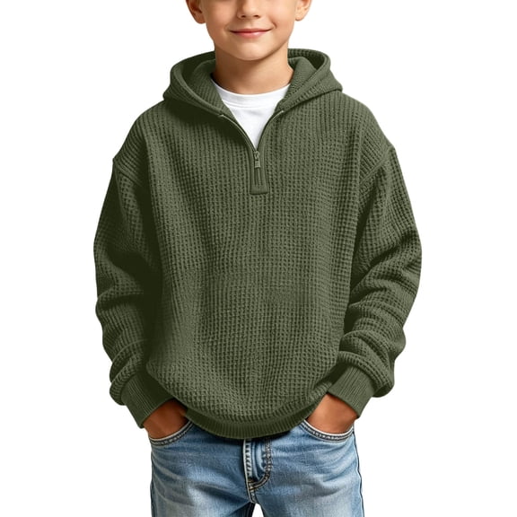 Hduncf Boys Waffle Knit Quarter Zip Hoodie, Oversized Heavyweight Pullover Sweatshirt, Fall Fashion Kids Clothes Green 7-8 Years