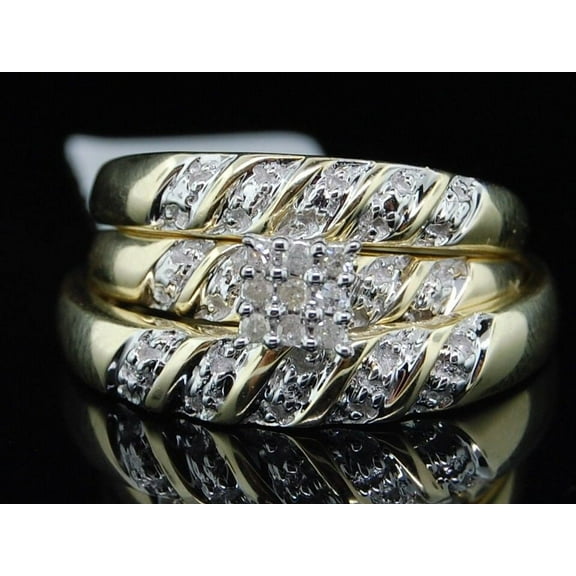 Mens Ladies 10K Yellow Gold Diamond Cluster Engagement Ring Wedding Trio Set